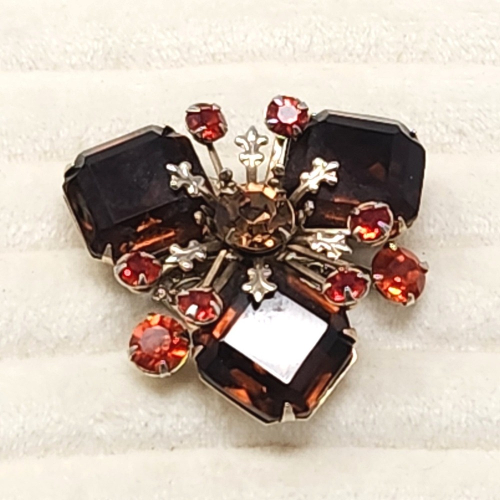 VintageAmber Orange Rhinestone Flower Brooch Pin  Regency Glam Victorian Style